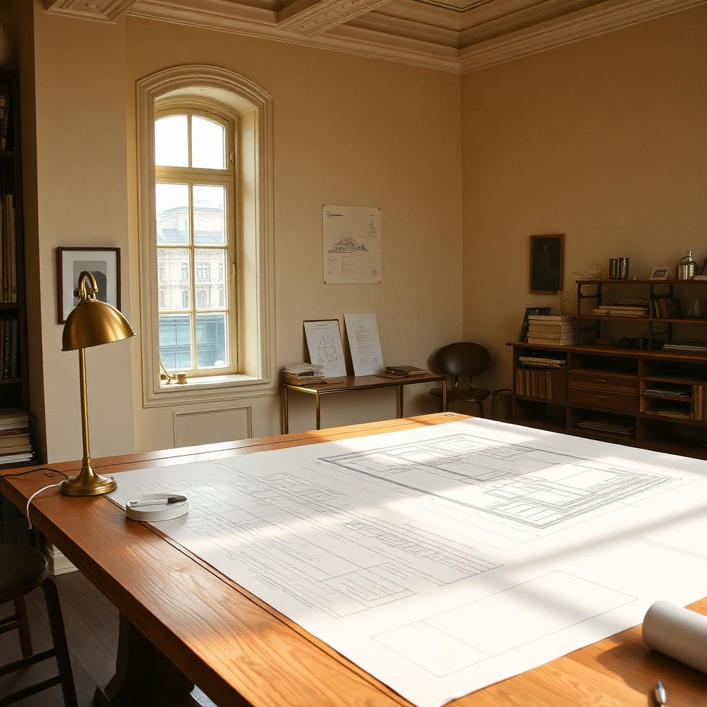 Terra Nova atelier — drafting table with architectural plans